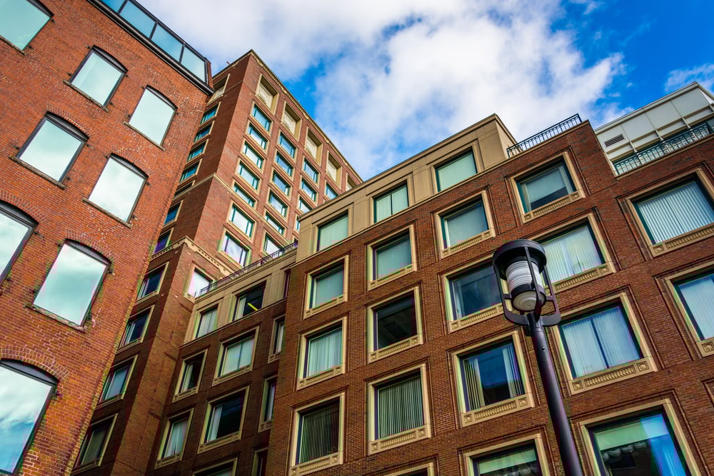 Looking up at apartment buildings in Boston, Massachusetts. Looking up at apartment buildings in Boston, Massachusetts.